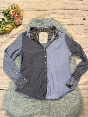 Cino Striped Blue Colorblock Button Down Top